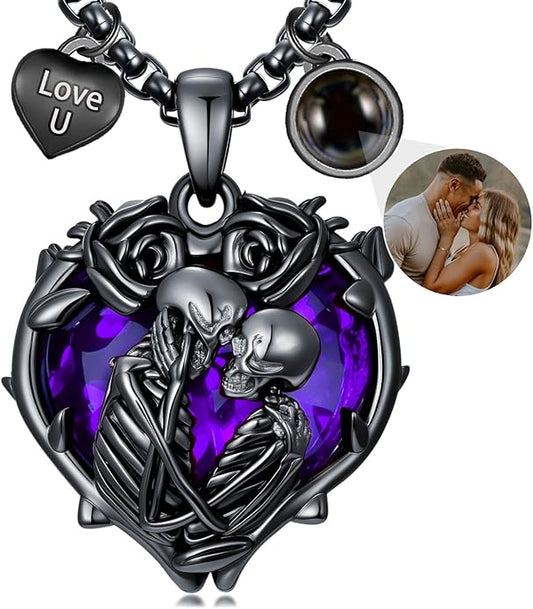 Flpruy 925 Sterling Silver Black Gothic Jewelry Gifts Skeleton Couple Pendant Crystal Birthstone Heart Necklace Punk Romantic Jewelry for Lover Men Women