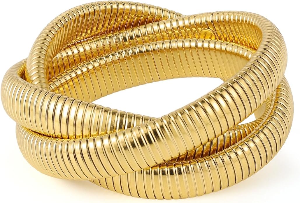 Emibele Gold Bangles Bracelet Set for Women, 18K Gold Plated Chunky Stainless Steel Non Tarnish Stretch Bracelet Stack, Flexible Wide Wristband Bangle Layered Snake Chain Bracelets
