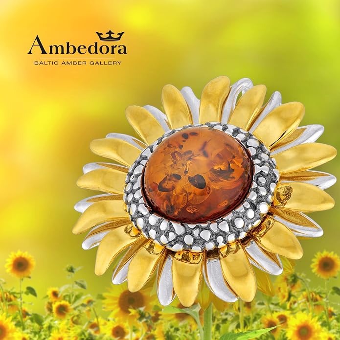 AMBEDORA Women’s Brooch, Polished Sterling Silver, Oxidised and Gilded, Round Baltic Amber in Cognac Colour, Sunflower Brooch with Pendant Function