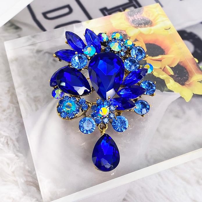 LAXPICOL Vintage Wedding Bridal Big Blue Crystal Rhinestone Tear drop Brooch Pin for Women