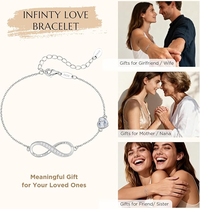 NORBU S925 Infinity Bracelets for Women, Sterling Silver Womens Infinity Heart Birthstone Link Charm Bracelet, Jewelry Gifts for Her Christmas Birthday Valentine Mother's Day