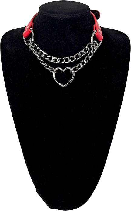 Black Leather Choker Collar For Women, Handmade Heart Slip Chain Choker Long Necklace with Adjustable Buckle
