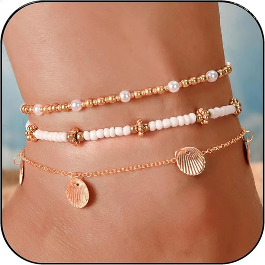 Bead Ankle Bracelets for Women Waterproof Adjustable Boho Shell Anklet Summer Beach Seashell Conch Foot Jewelry Accessories