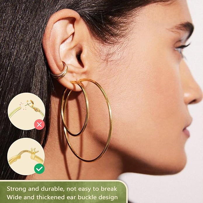 YOUNGYUE 925 Sterling Silver Hoop Earrings for Women Hypoallergenic Oversize 14K Gold Hoops Earrings for Women Thin Gold Plated Hoop earrings Lightweight Large Silver Hoop Earrings 30/40/50/60/70mm