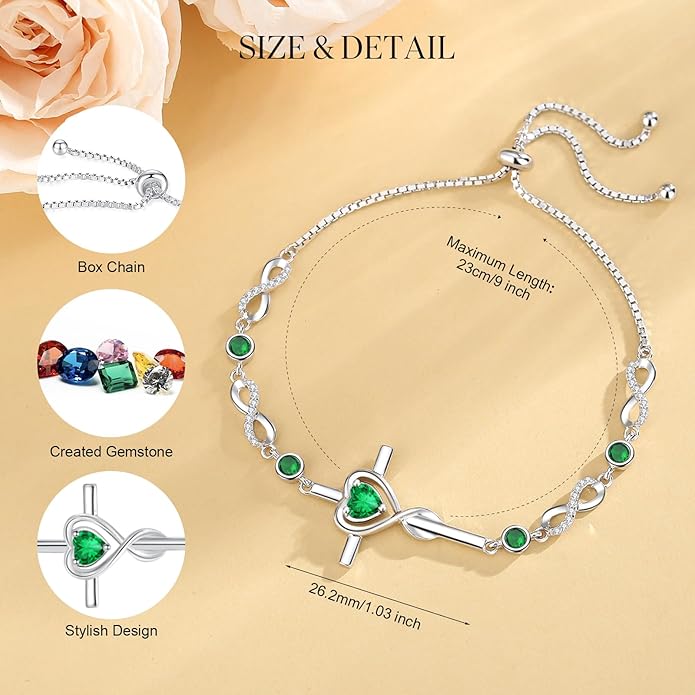 FANCIME Gift for Women Cross Bracelet 925 Sterling Silver Heart Birthstone Bracelet Fine Jewelry Birthday Gifts for Her Women