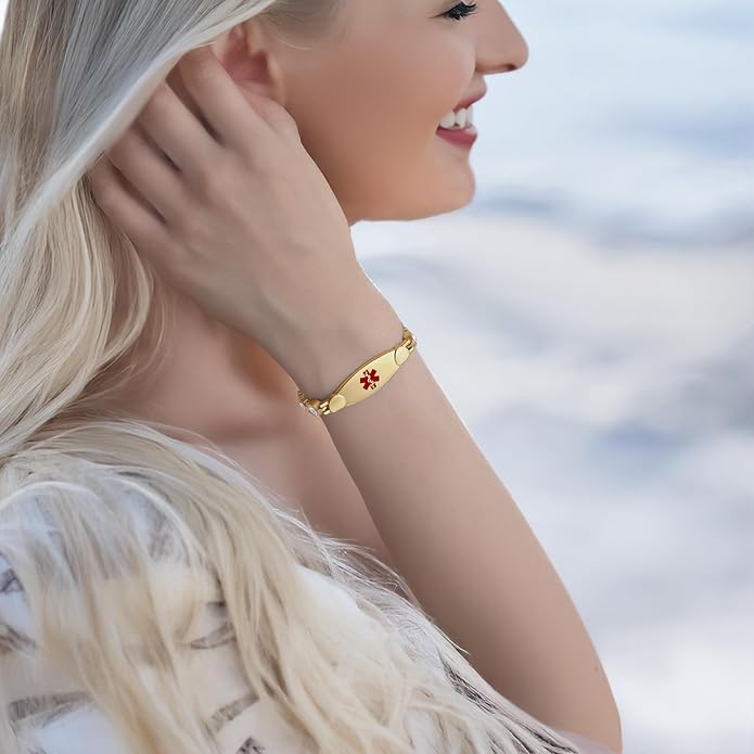 LinnaLove Fashion Shiny medical alert bracelet with Free Engraving Stainless steel Medical id bracelet for Women