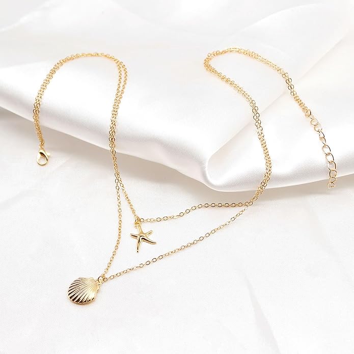 Gold Starfish Necklace for Women Beach Jewelry Accessories Sea Shell Beach Necklace Layered Starfish Pendant Beachy Ocean Necklaces Boho Cowrie Seashell Summer Necklaces Jewelry Gifts Trendy Stuff