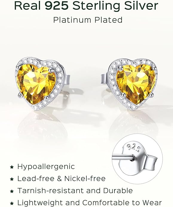ChicSilver 925 Sterling Silver Birthstone Earrings for Women, 8MM/2 Carat Heart & Round Cubic Zirconia Stud Earrings, Hypoallergenic Jewelry, Ideal Birthday or Christmas Gifts
