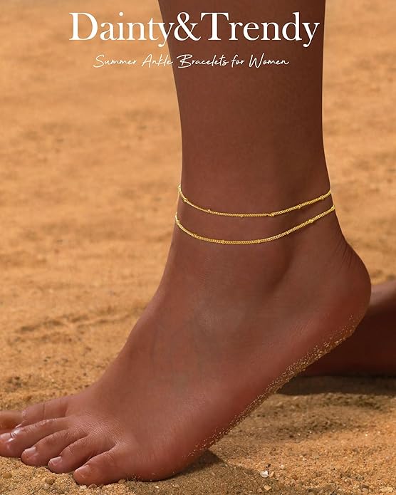 FUNEIA Gold Silver Ankle Bracelets for Women Waterproof 14K Gold Plated Anklets for Women Non Tarnish Dainty Layered Beaded Heart Anklet Set Summer Beach Foot Chain Jewelry Gifts Trendy Stuff
