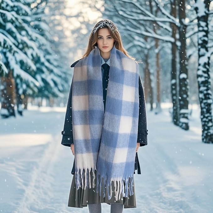 SHOHOKU Large Chunky Plaid Scarf Coloured Checked Oversized Scarf Tassel Soft Fall Winter Thick Warm Shawl Women