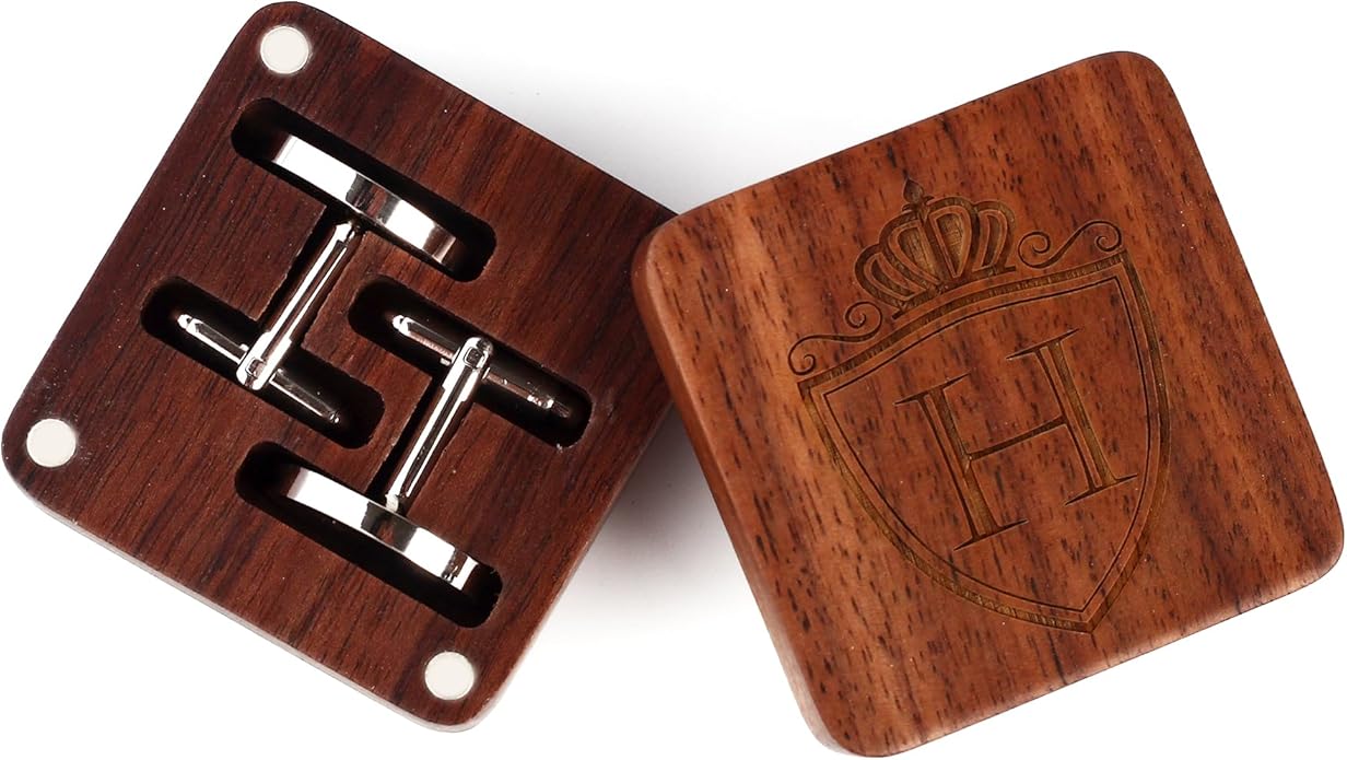 Mens Initial Silver Cufflinks A-Z Alphabet Letter Steel Cuff Links with Engraved Walnut Wood Box Groom Groomsman Wedding Set…