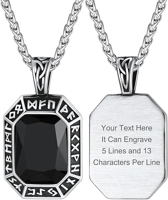 ChainsHouse Viking Rune Pendant Necklace for Men Women, Punk Biker Black Metal/316L Stainless Steel Onyx Norse Vintage Amulet Necklaces with Black/Red/Green/Blue Gemstone, Send Gift Box