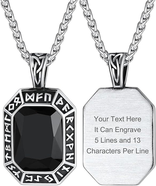 ChainsHouse Viking Rune Pendant Necklace for Men Women, Punk Biker Black Metal/316L Stainless Steel Onyx Norse Vintage Amulet Necklaces with Black/Red/Green/Blue Gemstone, Send Gift Box