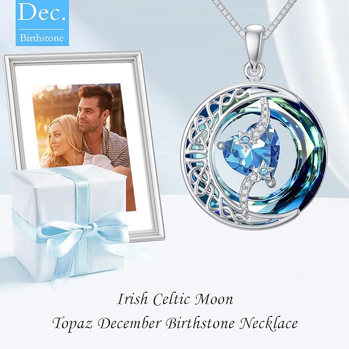 TOUPOP Christmas Gifts Birthstone Necklace 925 Sterling Silver Moon and Star Pendant with Blue Crystal Celtic Moon Jewelry Birthday Gifts for Women Mom Wife Her Daughter