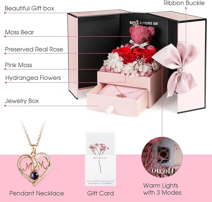 ADDWel Gifts for Mom from Daughter and Son, Unique Mother Birthday Xmas Gift Idea, Preserved Real Roses with I Love You in 100 Languages Mom Necklace, Cool to Mother Mama