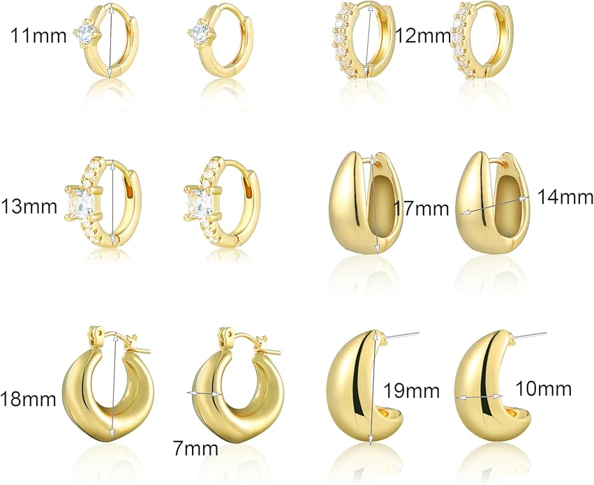 6 Pairs Gold Hoop Earrings for Women, 14K Gold Plated Huggie Hoop Earrings Set Hypoallergenic Lightweight Chunky Open Hoops Jewelry for Gift