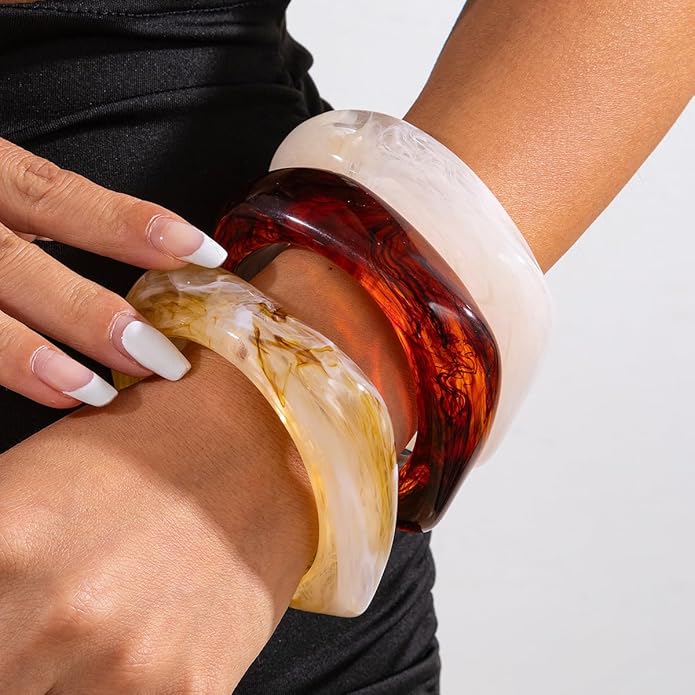 Acrylic Chunky Bangle Bracelets for Women, Irregular Punk Acrylic Resin Bangle Geometric Cuff Wide Wristband Bracelet Fashions Thick Acetate Statement Jewelry Set