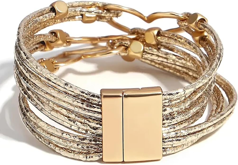 Fesciory Leather Wrap Bracelets for Women, Boho Leopard Multi-Layer Crystal Beads Cuff Bracelet Jewelry