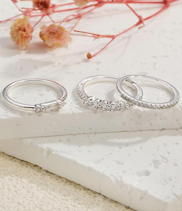 FUNEIA Stackable Silver Gold Rings for Women Non Tarnish 14K Gold Plated Thumb Cubic Zirconia Rings for Women Dainty Pinky Promise Wedding Ring Set Women's Engagement Eternity Band Rings Gold Jewelry