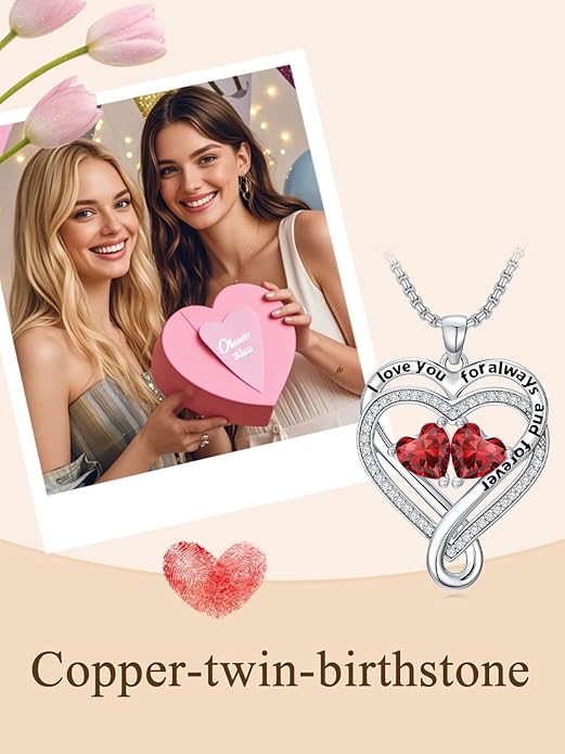 I Love You for Awlays and Forever Double Heart Necklace with Birthstone, 2 Birth Stone Jewelry Anniversary Valentines Mothers Day Christmas Birthday Gifts for Women Her Wife Girlfriend Mom Mother