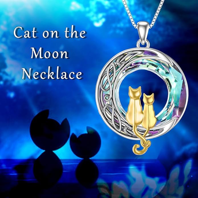TOUPOP Christmas Cat Gifts for Cats Lovers One Two Three Four Cats Necklace Sterling Silver Cats on the Moon Pendant Necklace with Blue Circle Crystal Birthday Christmas Celtic Jewelry Gifts for Women
