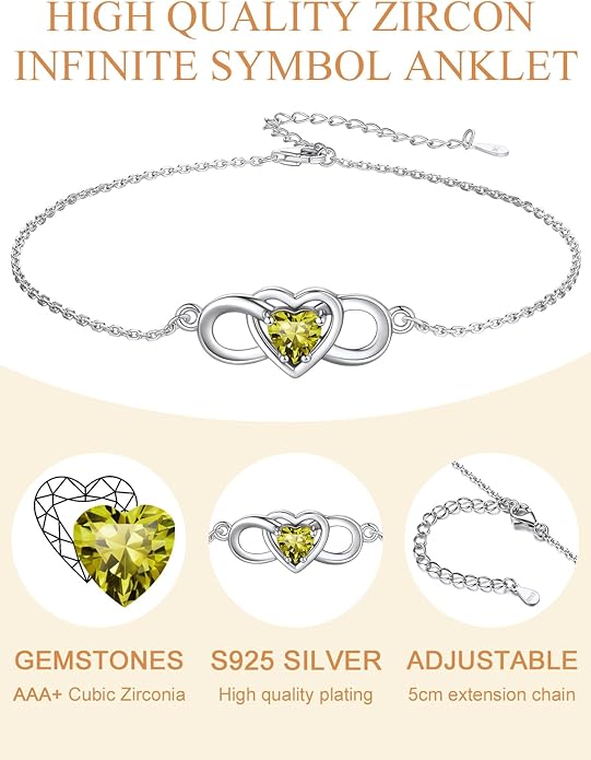 Custom4U Personalized Infinity Ankle Bracelets for Women 925 Sterling Silver Anklet Bracelet Endless Love Symbol Birthstone Charm Adjustable Foot Chain Jewelry Mothers Day Gifts for Mom Wife Women Her