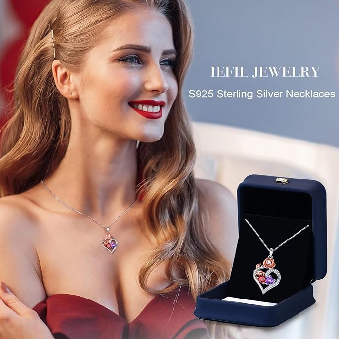Iefil Christmas Gifts for Women Wife - 925 Sterling Silver Double Birthstone Necklace, Anniversary Birthday Gifts for Women, Jewelry Gifts for Wife Her