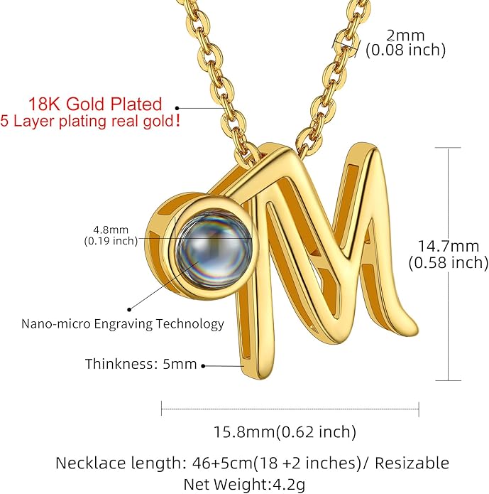 Custom4U Personalized Initial Picture Necklace for Women, Projection Necklace with Picture Inside, Gold/Silver Letter Pendant Necklace, Custom Photo Gifts for Mom Wife Birthday Valentines