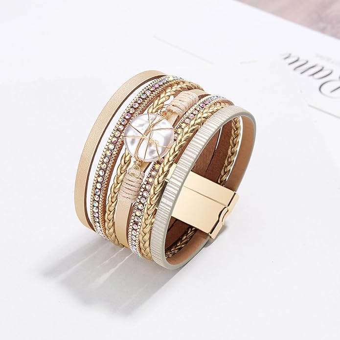 Fesciory Leopard Bracelet for Women, Boho Leather Wrap Multi-Layer Pearl Crystal Bracelet Bangle Jewelry