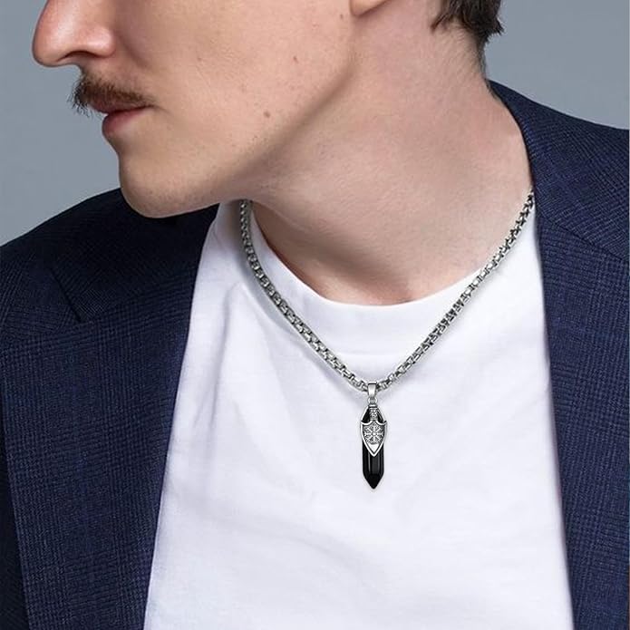 Tiaxiemo Viking Necklace for Men 925 Sterling Silver Black Obsidian Viking Necklace Norse Jewelry Gifts for Men
