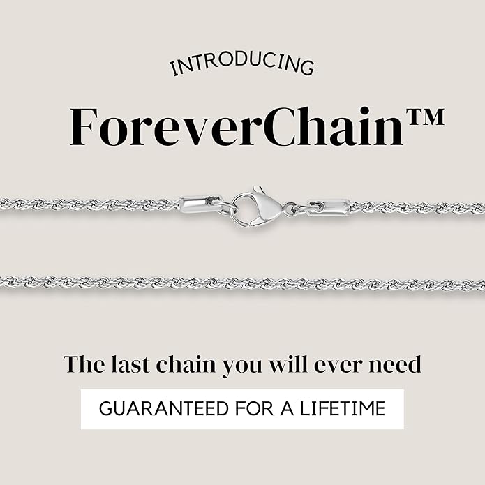 KISPER 24k White Gold Rope Chain Necklace –Thin, Dainty, White Gold Plated Stainless Steel Jewelry for Women & Men with Lobster Clasp
