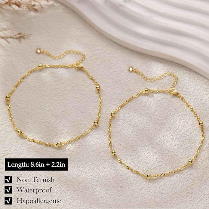 FUNEIA Gold Silver Ankle Bracelets for Women Waterproof 14K Gold Plated Anklets for Women Non Tarnish Dainty Layered Beaded Heart Anklet Set Summer Beach Foot Chain Jewelry Gifts Trendy Stuff