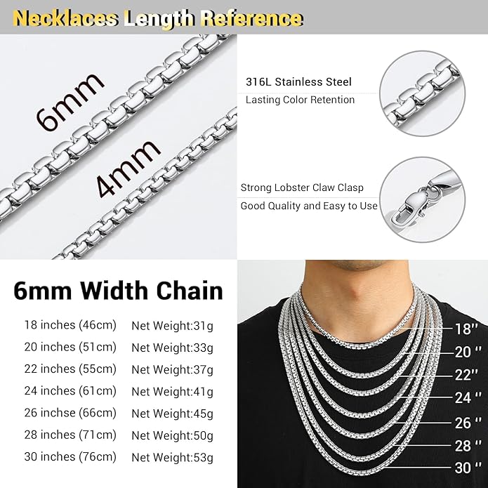 PROSTEEL Stylish Stainless Steel Round Link Chain Necklace for Men, 2mm/4mm/6mm/8mm. Silver/Gold/Black Tone, Hypoallergenic Jewelry, 14"-30", Come with Box