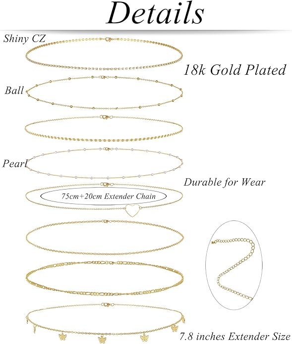 Tornito 8Pcs Waist Belly Chain CZ Heart Pearl Snake Bead Sequin Paperclip Belly Chain Summer Beach Sexy Body Chains Jewelry Accessories for Women Adjustable