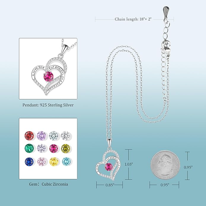 Heart Birthstone Silver Necklace for Women, S925 Sterling Silver Pendant Necklace Birthday Jewelry Gifts for Her Mother Mom Wife Girlfriend