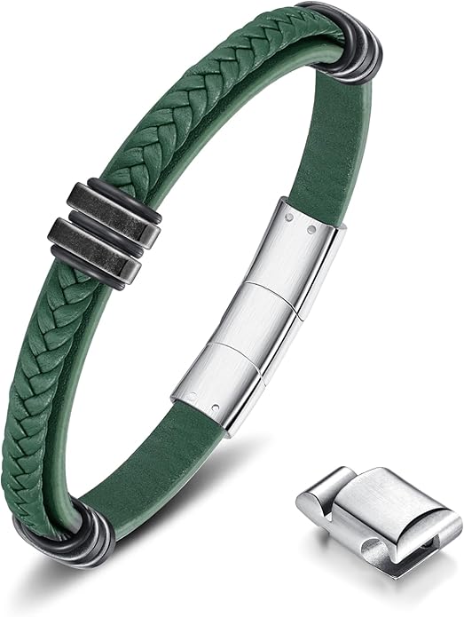 Leather Bracelet for Men with Adjustable Stainless Steel Magnetic Clasp Multi-Layer Braided Mens Leather Bracelet