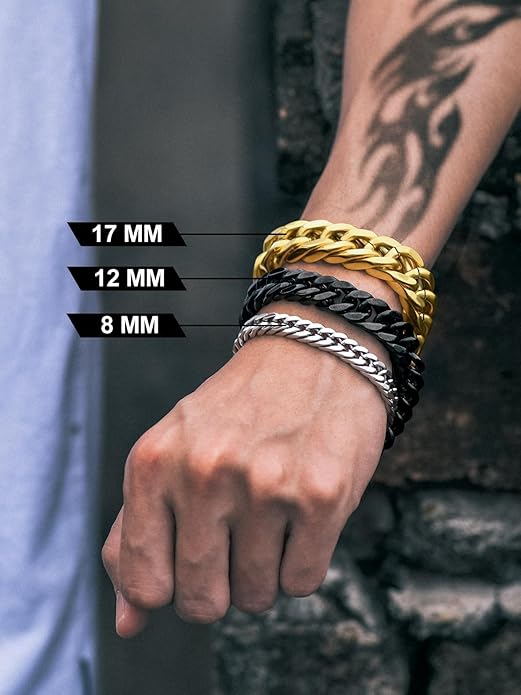 Richsteel Cuban Link Chain Bracelets 8/12/17mm Width Stainless Steel Chain Wrist Bracelets for Men, 7.4/8.2/9 Inch Length Classic Jewelry for Christmas/Valentine's Day/Birthday