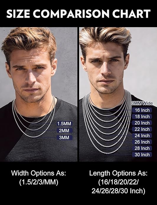 Bandmax Solid 1.5mm/2mm/3mm/6mm Rope Chains for Men Women 14K Gold Plated/Black Plated Stainless Steel Twist Chain 16-30 Inches, with Gift Box