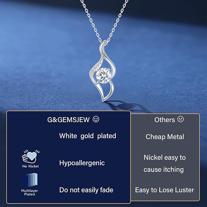 G&GEMSJEW Heart Necklaces for Women, 1-2 Carats Moissanite, 18K White Gold-Plated 925 Sterling Silver Round Brilliant Cut Moissanite Imitation Diamond Necklaces, Jewelry Gifts for Christmas Valentine's Day,Anniversary Present for Wife Women