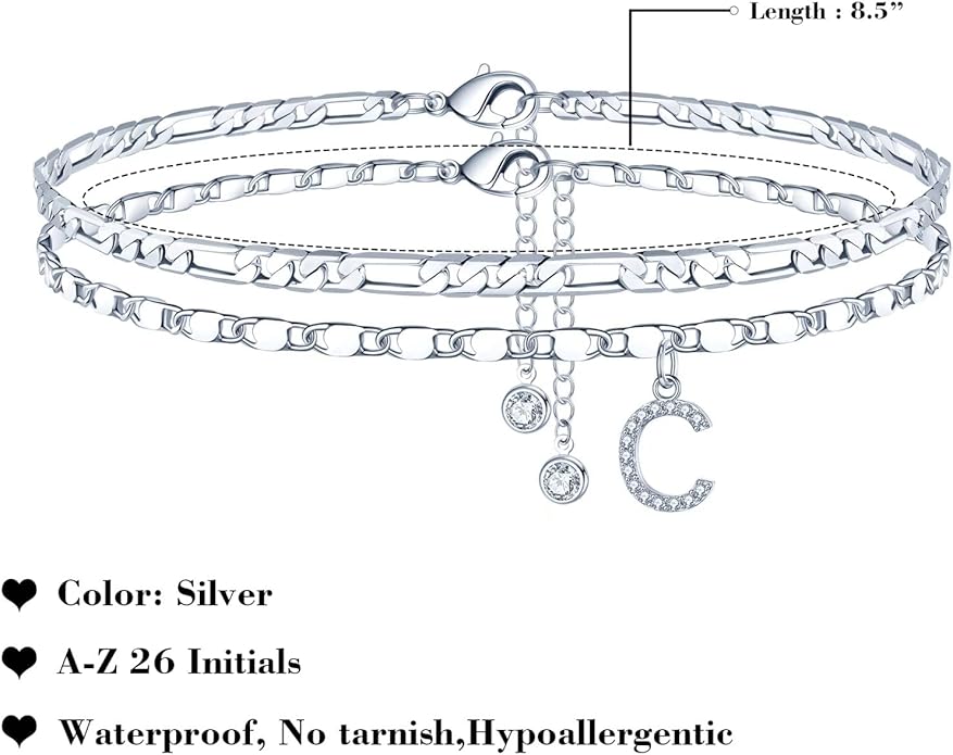 Ursteel Ankle Bracelets for Women, 14K-Gold-Plated Dainty Layered Chain CZ Initial Anklets Set Summer Jewelry Gifts for Women