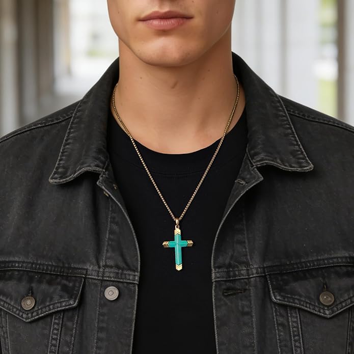 GTMJ Cross Necklace for Men -Stainless Steel & Gemstone Adjustable Box Chain 24-26in, Spiritual Jewelry Gift for Him, Everyday Wear