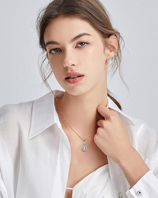 FANCIME TimelessTie Birthstone Necklace for Women White Gold Plated Sterling Silver Ribbon Design Jewelry Knot Pendant Fine Jewelry Gemstone Birthday Graduation Anniversary Christmas Gifts for Women Wife Mother Her