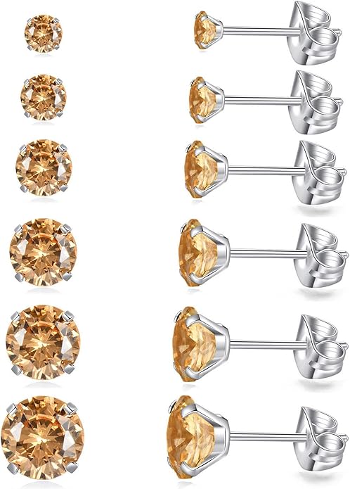 6 Pairs Stud Earrings Set, Hypoallergenic Cubic Zirconia Earrings 316L Stainless Steel CZ Earrings 3-8mm