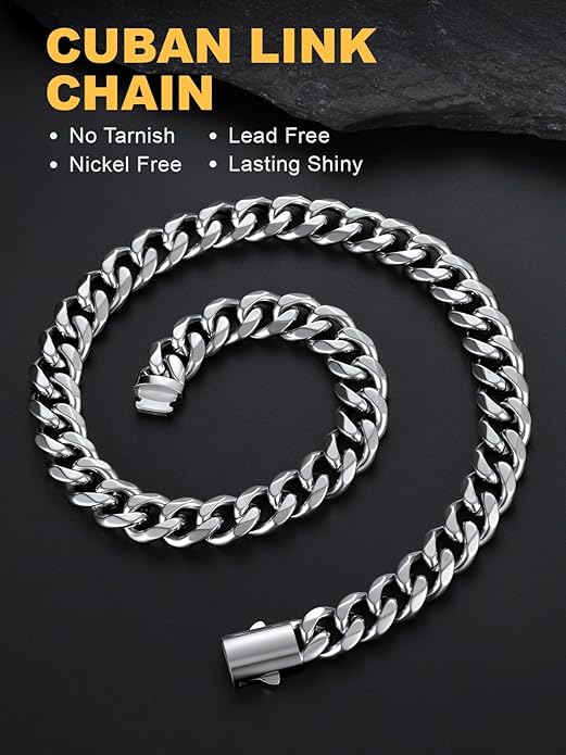 U7 Cuban Link Chain Necklace for Men, Stainless Steel/Black/Gold Mens Necklaces, Chunky Curb Chain Necklace in 6/9/12mm Width 18-30 Inches, Thick Choker Jewelry with Box Packed