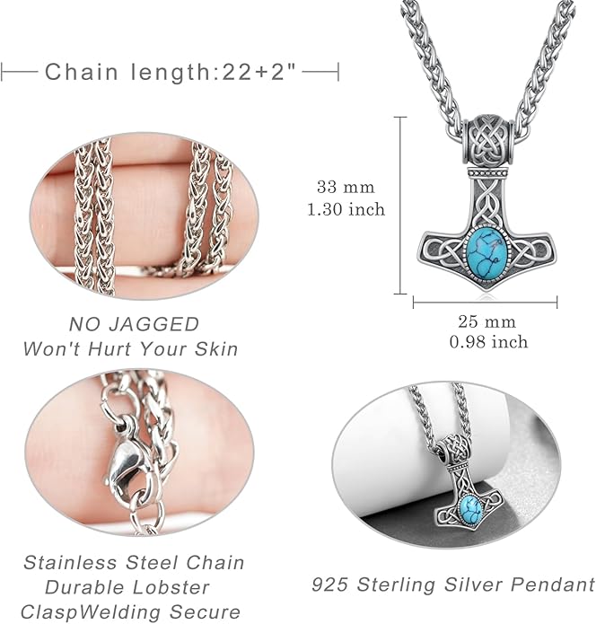 Thor's Hammer Necklace 925 Sterling Silver Viking Thor Hammer Necklace with Turquoise Norse Mjolnir Pendant Viking Jewelry Gifts for Men