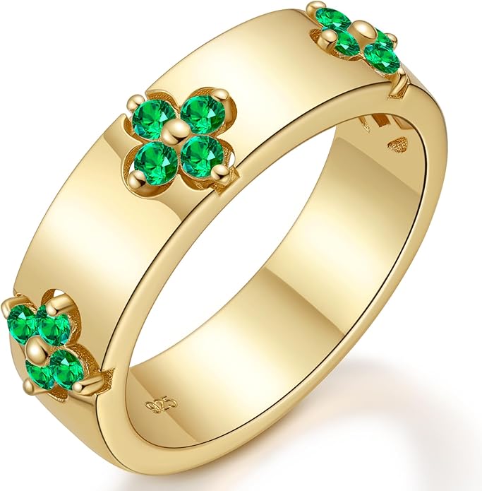 Premium Emerald&Moissanite Clover Rings for Lucky Women|Moissanite D Color VVS1 Clarity 3EX Cut|925 Sterling Silver 14K Gold Plated Non Tarnish