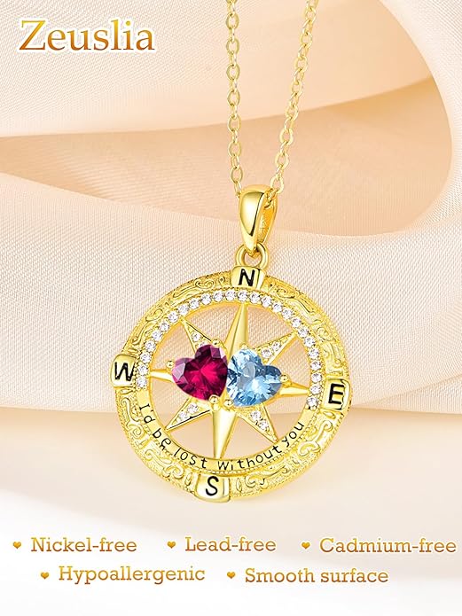 Zeuslia Double Birthstone Necklace Gifts for Wife - 925 Sterling Silver Sunflower/Rose/Crown Cross/Compass/Heart Pendant I Love You Necklace, Anniversary Birthday Gifts for Wife Girlfriend Mom Her