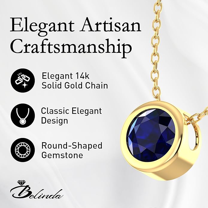 14K Gold Necklace for Women - 7mm Round Natural Gemstone Pendant with 18" Gold Chain - Trendy Birthstone Statement Fine Jewelry - Yellow Gold, Elegant Women's Accessories