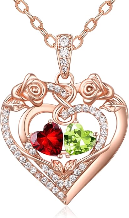 JIYVY32 Rose Heart Necklace for Women Exquisite 925 Sterling Silver Anniversary Birthday Gifts for Wife Mom Her Double Birthstone Pendant Jewelry