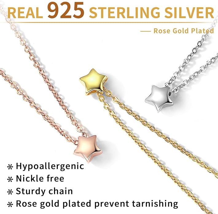 ChicSilver Personalized 925 Sterling Silver Dainty Small Heart/Star/Moon/Dot/Triangle Pendant Necklace for Women, Silver/Gold/Rose Gold/Black (with Gift Box)